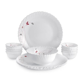 Cello Lush Fiesta Dazzle Series Opalware Dinner Set Of 13 Pieces For Family Of 2 | Bone-Ash Free & Leadfree Opal Glass, Microwave & Dishwasher Safe, Plates & Bowls Crockery Set For Dining & Gifting