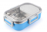 Profusion Insulated Air Tight Lock And Steel Inside Stainless Steel Outside Virgin Plastic Lunch Box With Sabzi Container, Blue With Transparent Lid
