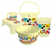 Heart Home Disney Mickey Minnie Print Plastic Bathroom Set Of 5 Pieces With Bucket, Tub, Stool, Dustbin & Mug (Cream)-Hearths15273 -Hs_35_Hearths17963