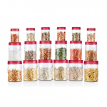 Milton Vitro Plastic Pet Storage Jar And Container, Set Of 18 (6 Pcs X 230 Ml Each, 6 Pcs X 600 Ml Each, 6 Pcs X 1.18 Ltrs Each), Red Wine | Air Tight | Kitchen Organiser | Bpa Free | Stackable