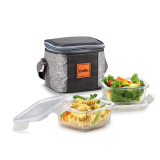 Cello Glassy Square Lunch Box Set Of 2 Pcs (320Ml X 2) With Jacket For Office, Transparent | Microwave Safe Leadfree Toughened Glass, Airtight Leakproof Adjustable Carry Strap Tiffin Box For Daily Use