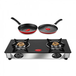 Pigeon By Stovekraft 2 Burner Glass Cook Top Gas Stove, Tawa With Stainless Steel Body And Nonstick Fry Pan Cookware Combo (Black, 240Mm, 250Mm, 14722)