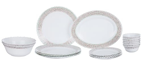 Larah By Borosil Fluted Waltz Dinner Set 21 Pieces, Opal Glass Dinner Plates & Bowls Crockery Set For Dinning, White