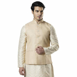 Ethnix Solid Beige Coloured Polyester Blend Bundi (Size:- 42)