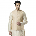Ethnix Solid Beige Coloured Polyester Blend Bundi (Size:- 42)