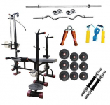 Bodykare 20-In-1 Multi-Functional Fitness Bench + 185 Kg Weight + Rubber Weight Plates +3 Ft Curl Rod +5 Ft Plain Rod + Dumbbells Rod With Skipping Rope, Hand Grip & Wrist Band (Multicolour)