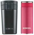 Borosil Vacuum Insulated Hydra Coffeemate Stainless Steel Travel Mug – Spill Proof – Hot And Cold + Borosil Stainless Steel Hydra Travelsmart – Vacuum Insulated Flask Water Bottle, 200 Ml, Pink
