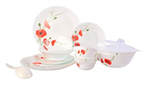 Larah By Borosil Red Carnation Opalware Glass Dinner Set (White) – 25 Pieces