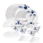 Larah By Borosil Morning Glory Silk Series Opalware Dinner Set, 35 Pieces, White